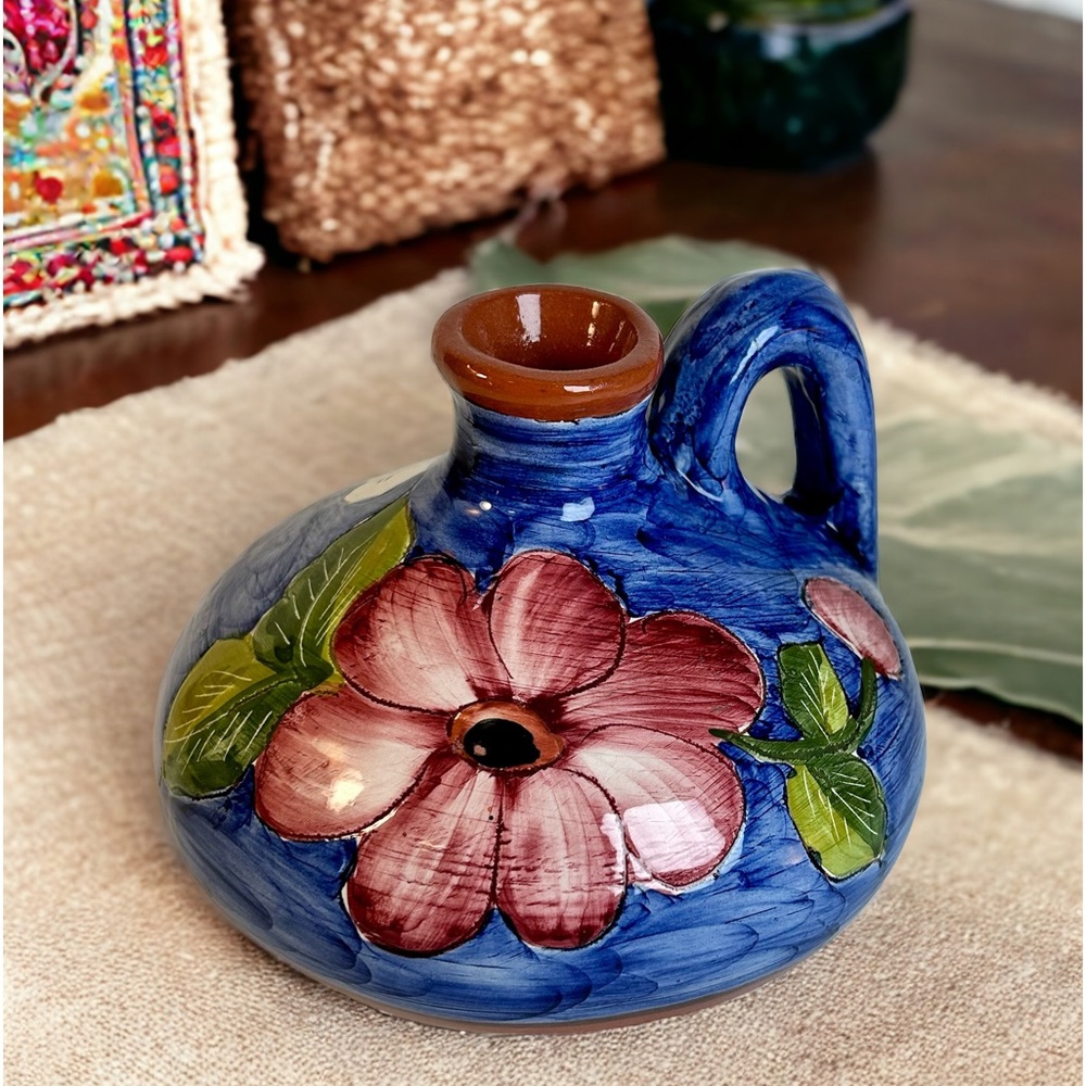 Vintage Redware pottery pitcher vase. Blue with floral design. Made in Portugal